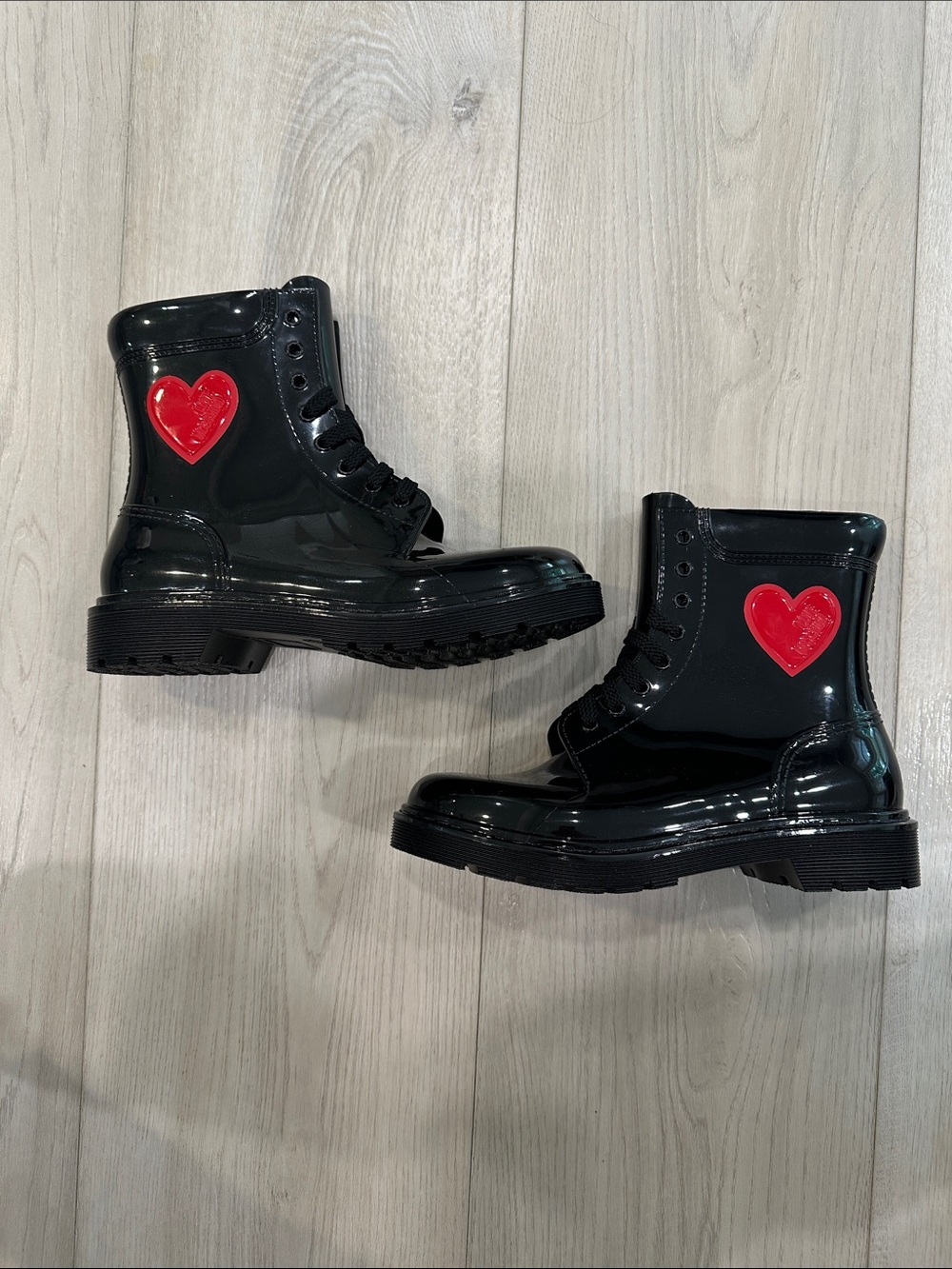 Love Moschino Black Rubber Rain Boots Red Heart 39